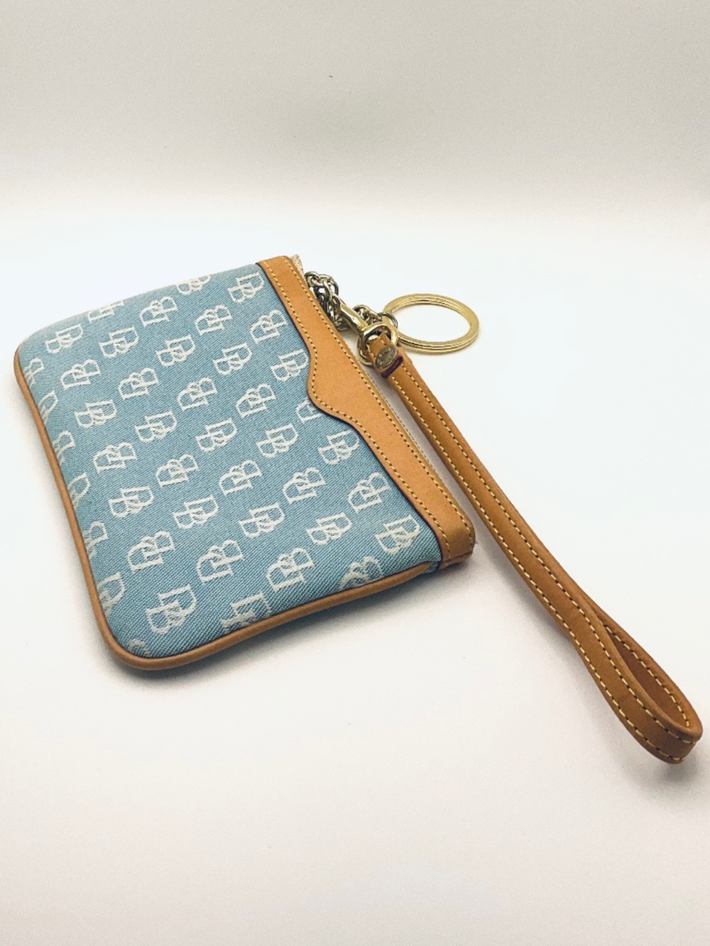 DOONEY & BURKE Light Blue & White Canvas Signature Monogram Tan Leather Wristlet